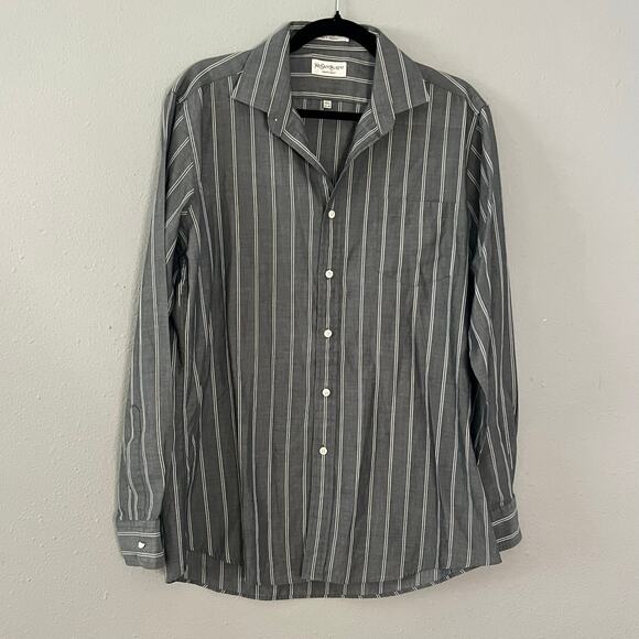 YSL Yves Saint Laurent Button-Up Shirt Gray White Stripe Men’s Size 16.5 34/35 - Picture 1 of 6
